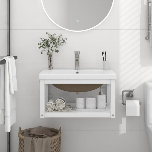 vidaXL Bathroom Washbasin Frame with Built-in Basin White Iron