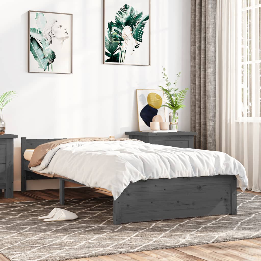 vidaXL Bed Frame Grey Solid Wood 75x190 cm Small Single