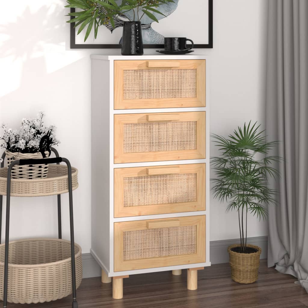 vidaXL Sideboard White 40x30x90 cm Solid Wood Pine and Natural Rattan