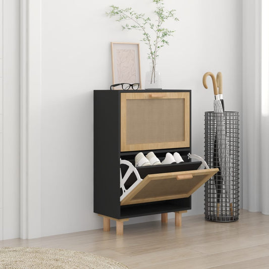 vidaXL Shoe Cabinet Black 52x25x80 cm Engineered Wood&Natural Rattan