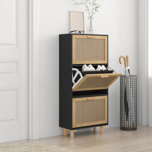 vidaXL Shoe Cabinet Black 52x25x115 cm Engineered Wood&Natural Rattan