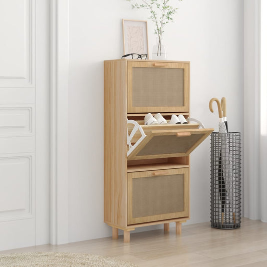 vidaXL Shoe Cabinet Brown 52x25x115 cm Engineered Wood&Natural Rattan
