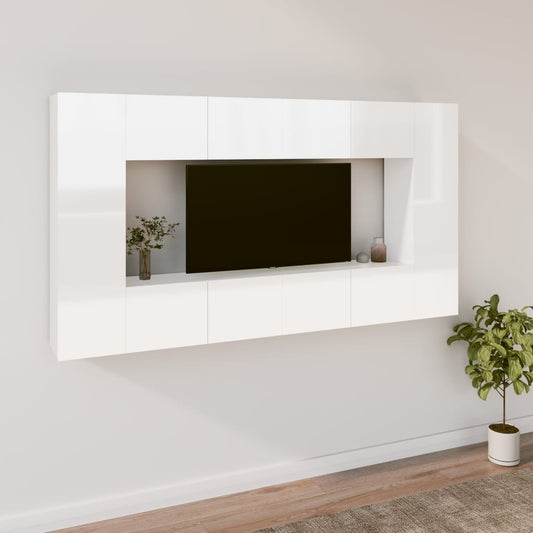 vidaXL 8 Piece TV Cabinet Set High Gloss White Engineered Wood