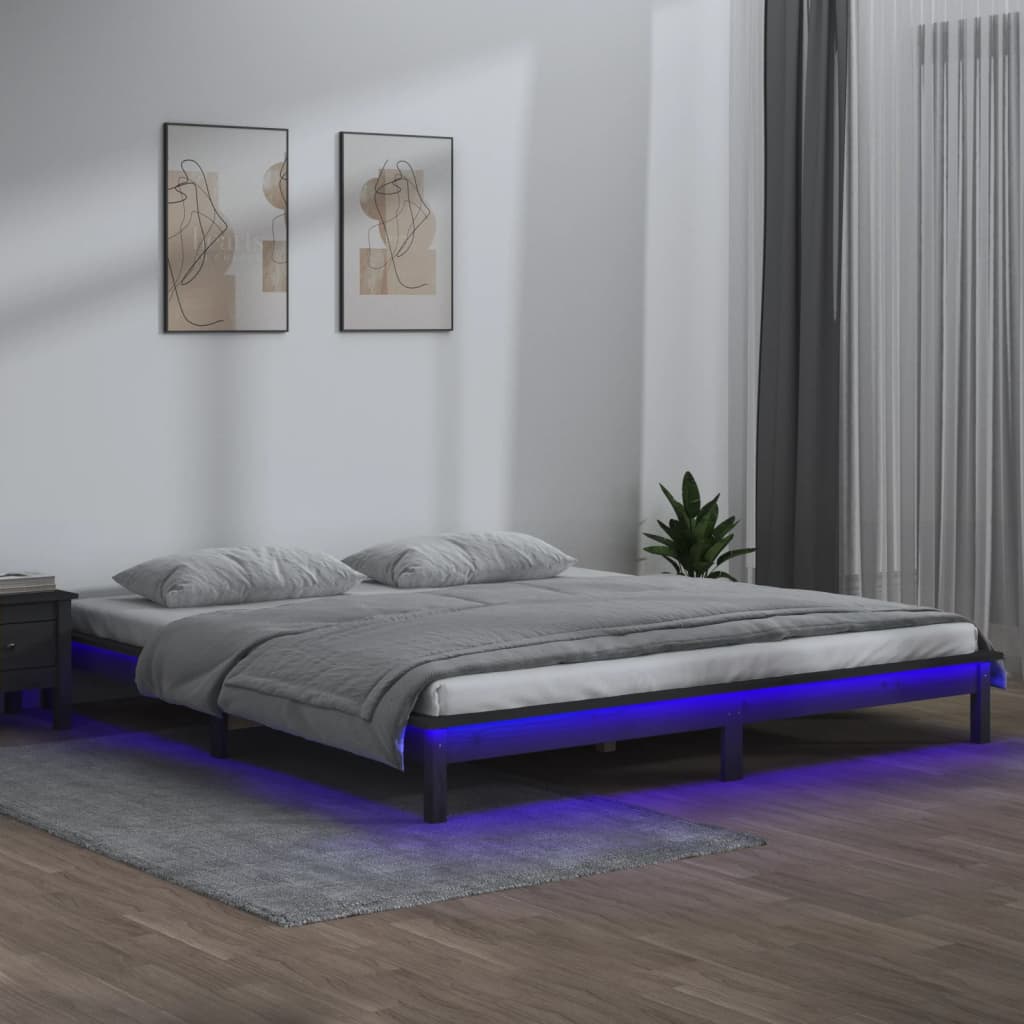 vidaXL LED Bed Frame Grey 180x200 cm Super King Size Solid Wood