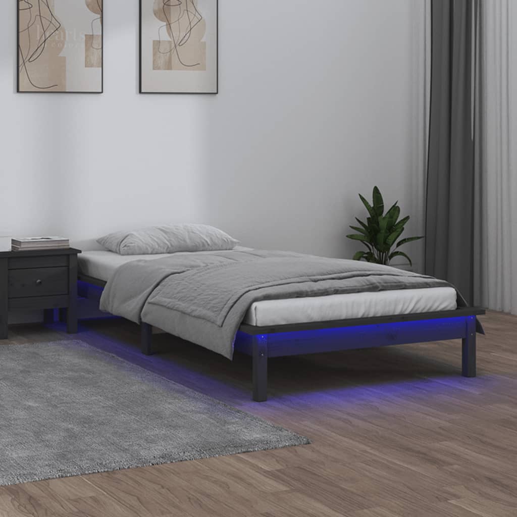vidaXL LED Bed Frame Grey 75x190 cm Small Single Solid Wood