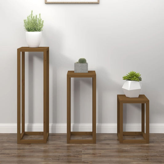 vidaXL 3 Piece Plant Stand Set Honey Brown Solid Wood Pine