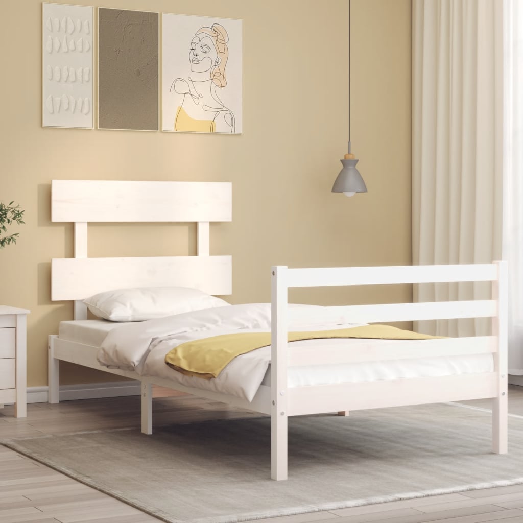 vidaXL Bed Frame with Headboard White Single Solid Wood