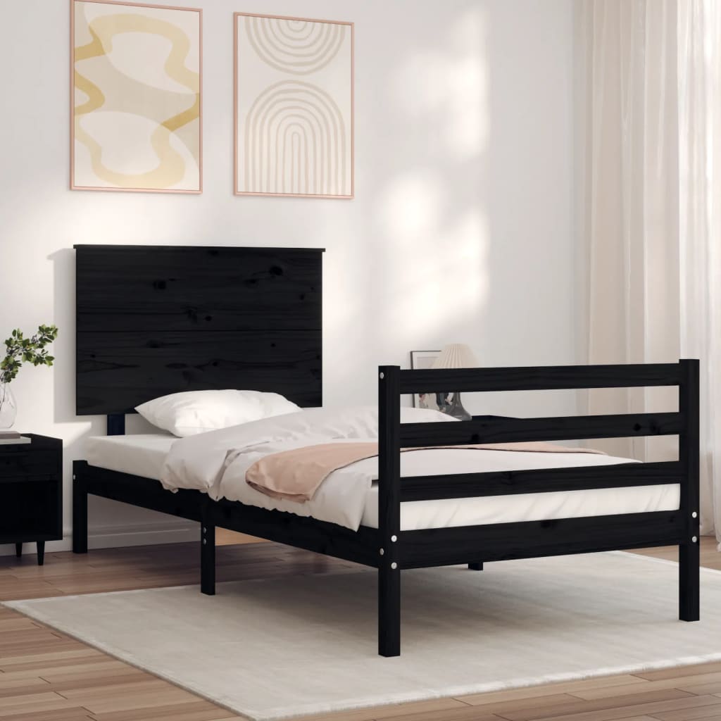 vidaXL Bed Frame with Headboard Black Single Solid Wood