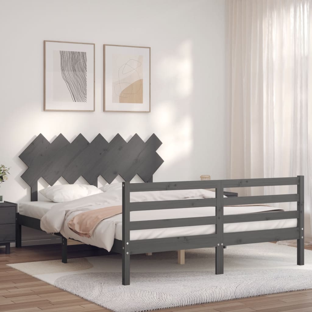 vidaXL Bed Frame with Headboard Grey 140x190 cm Solid Wood