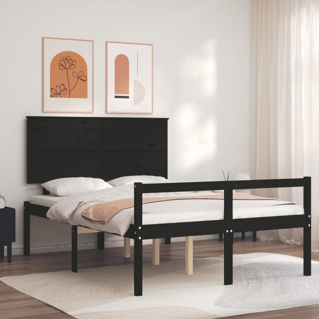vidaXL Bed Frame with Headboard Black Double Solid Wood