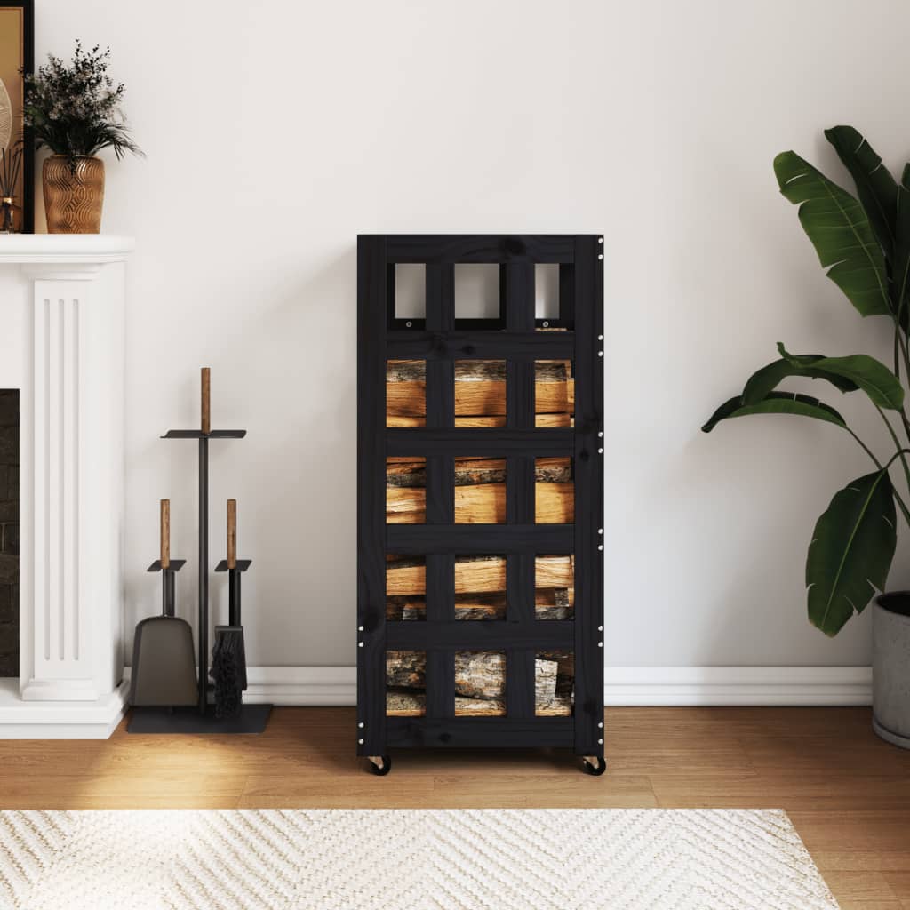 vidaXL Log Holder with Wheels Black 40x49x110 cm Solid Wood Pine