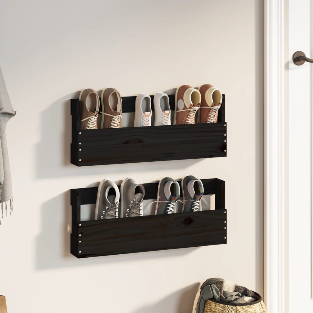 vidaXL Wall-mounted Shoe Racks 2 pcs Black 59x9x23 cm Solid Wood Pine