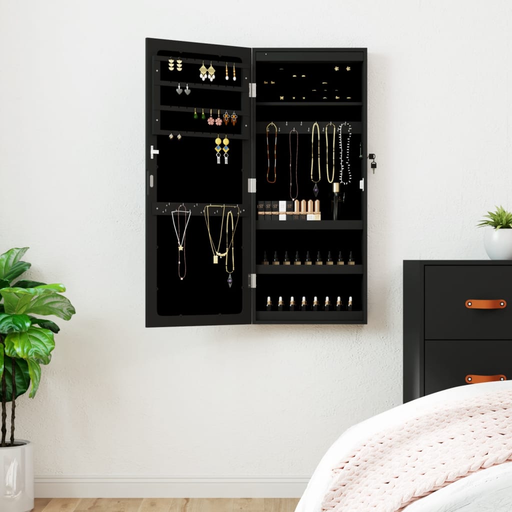 vidaXL Mirror Jewellery Cabinet with LED Lights Wall Mounted Black