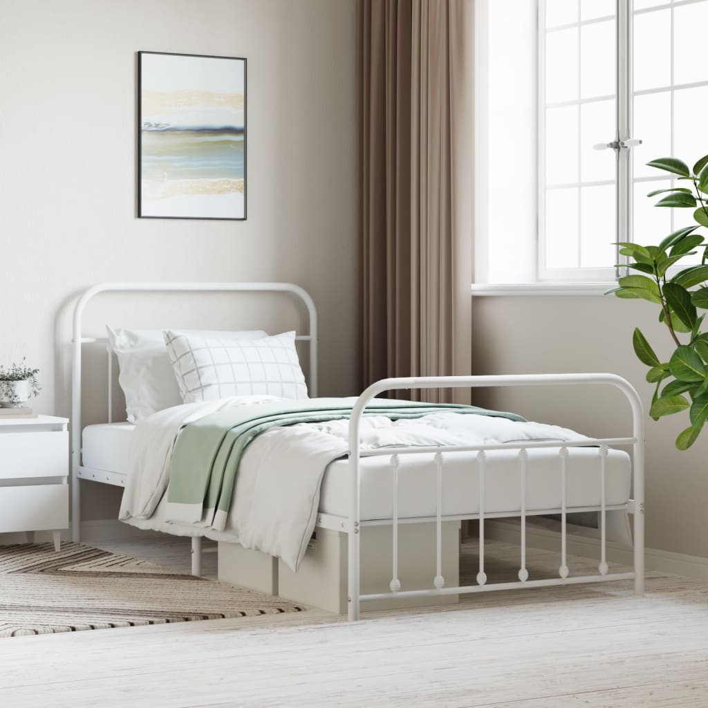 vidaXL Metal Bed Frame with Headboard and Footboard White 100x200 cm