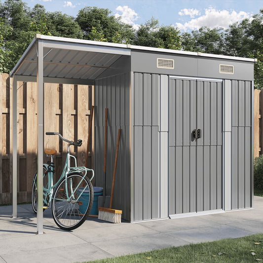 vidaXL Garden Shed with Extended Roof Light Grey 277x110.5x181 cm Steel
