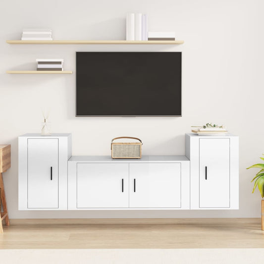 vidaXL 3 Piece TV Cabinet Set High Gloss White Engineered Wood
