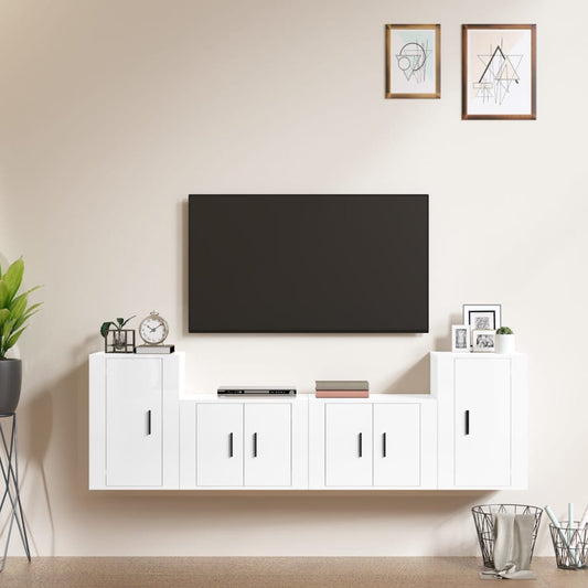 vidaXL 4 Piece TV Cabinet Set High Gloss White Engineered Wood