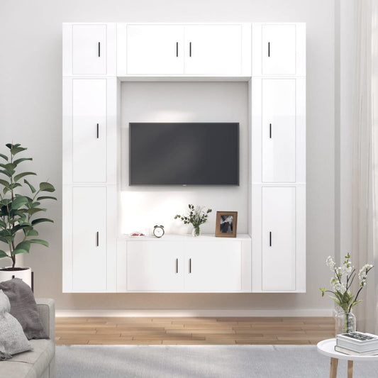 vidaXL 8 Piece TV Cabinet Set High Gloss White Engineered Wood