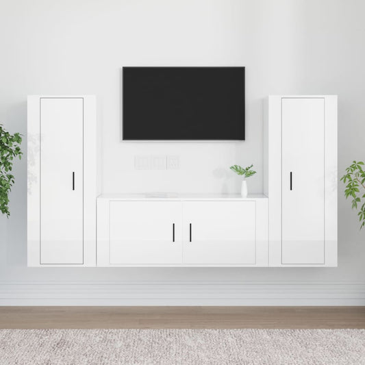 vidaXL 3 Piece TV Cabinet Set High Gloss White Engineered Wood