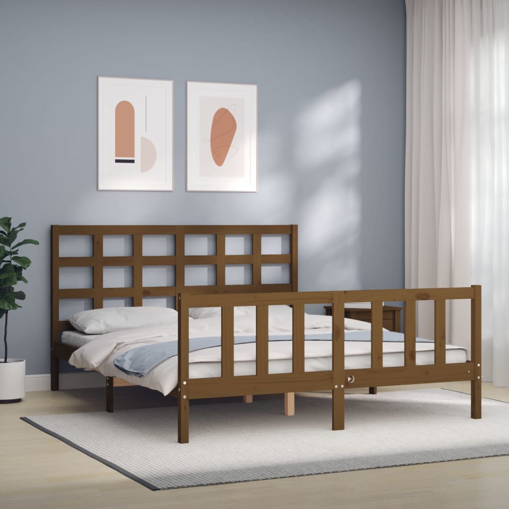 vidaXL Bed Frame with Headboard Honey Brown King Size Solid Wood