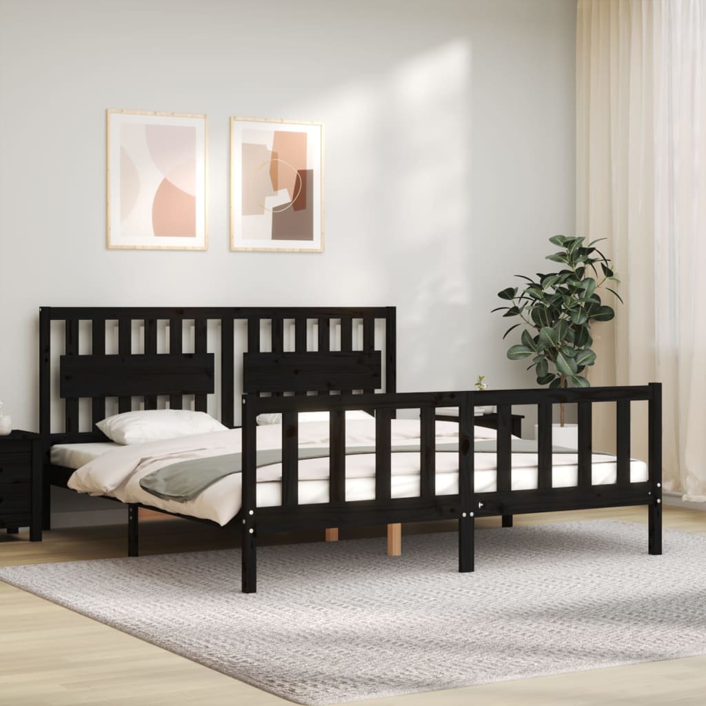 vidaXL Bed Frame with Headboard Black Super King Size Solid Wood