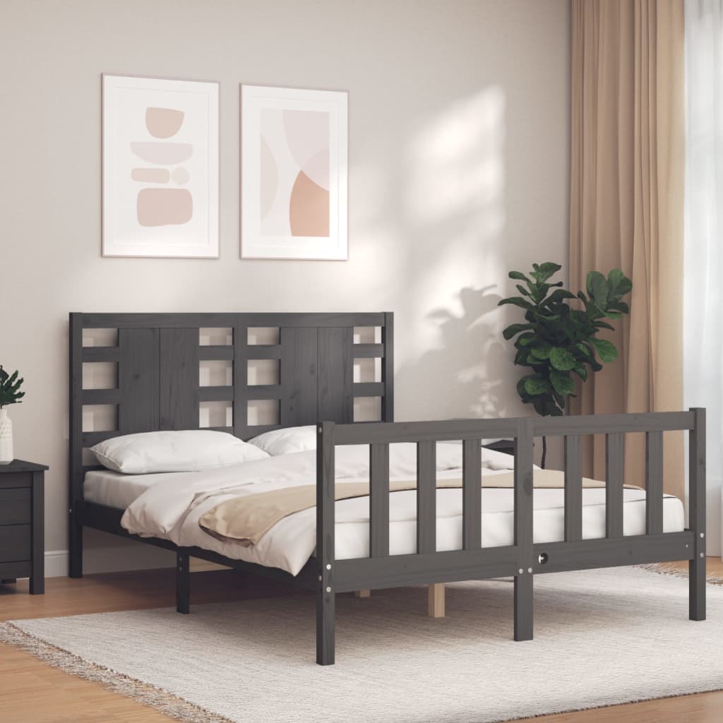 vidaXL Bed Frame with Headboard Grey Small Double Solid Wood