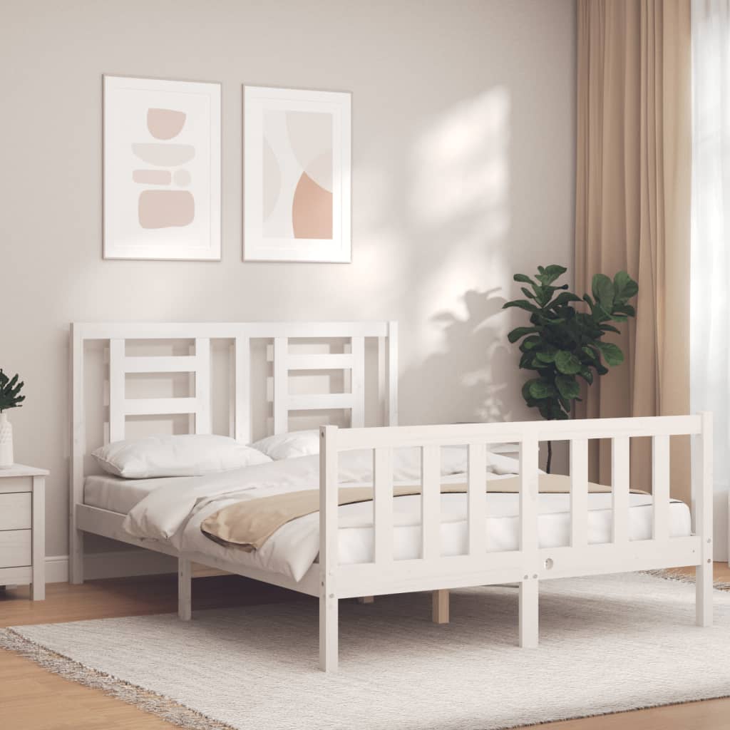 vidaXL Bed Frame with Headboard White Double Solid Wood