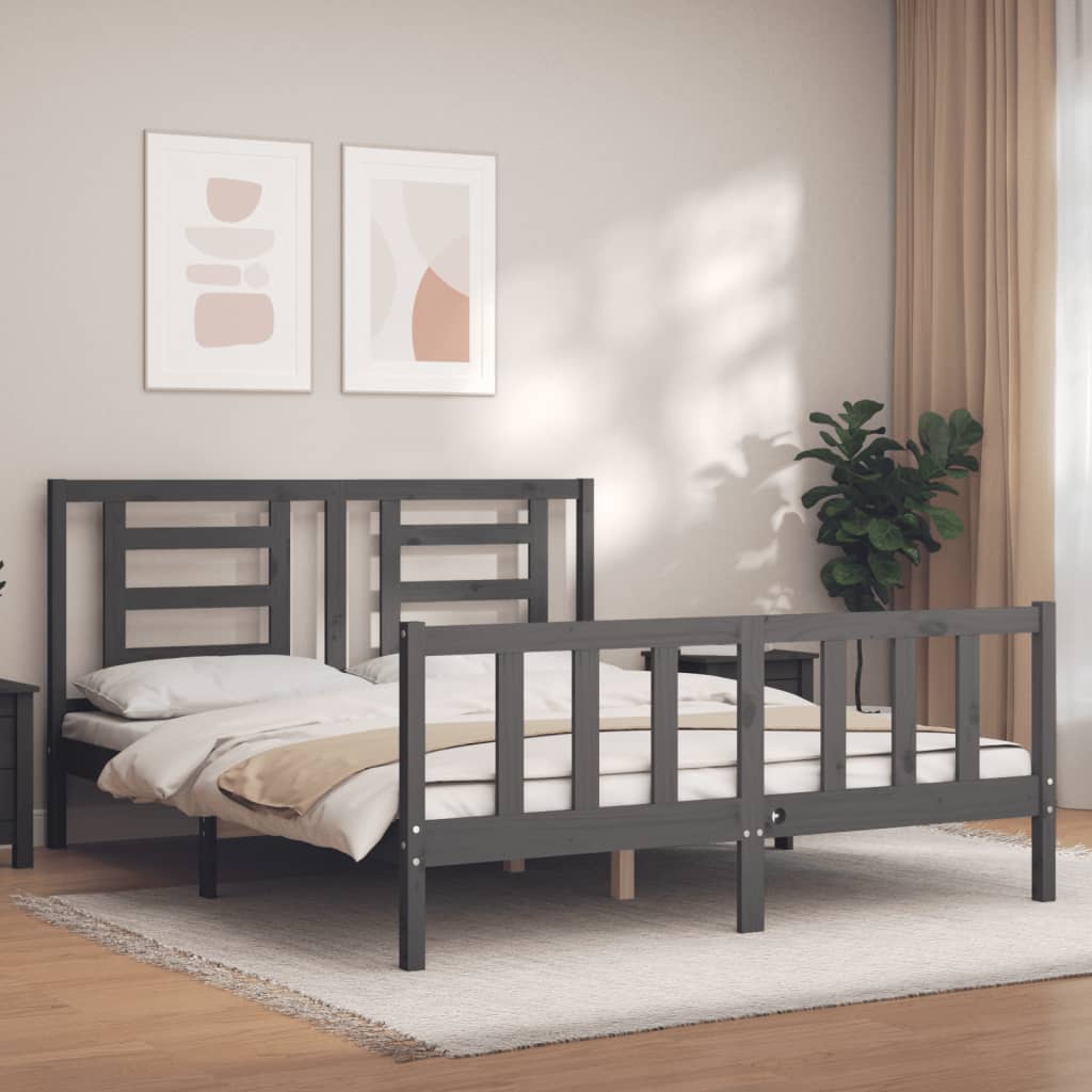 vidaXL Bed Frame with Headboard Grey 160x200 cm Solid Wood