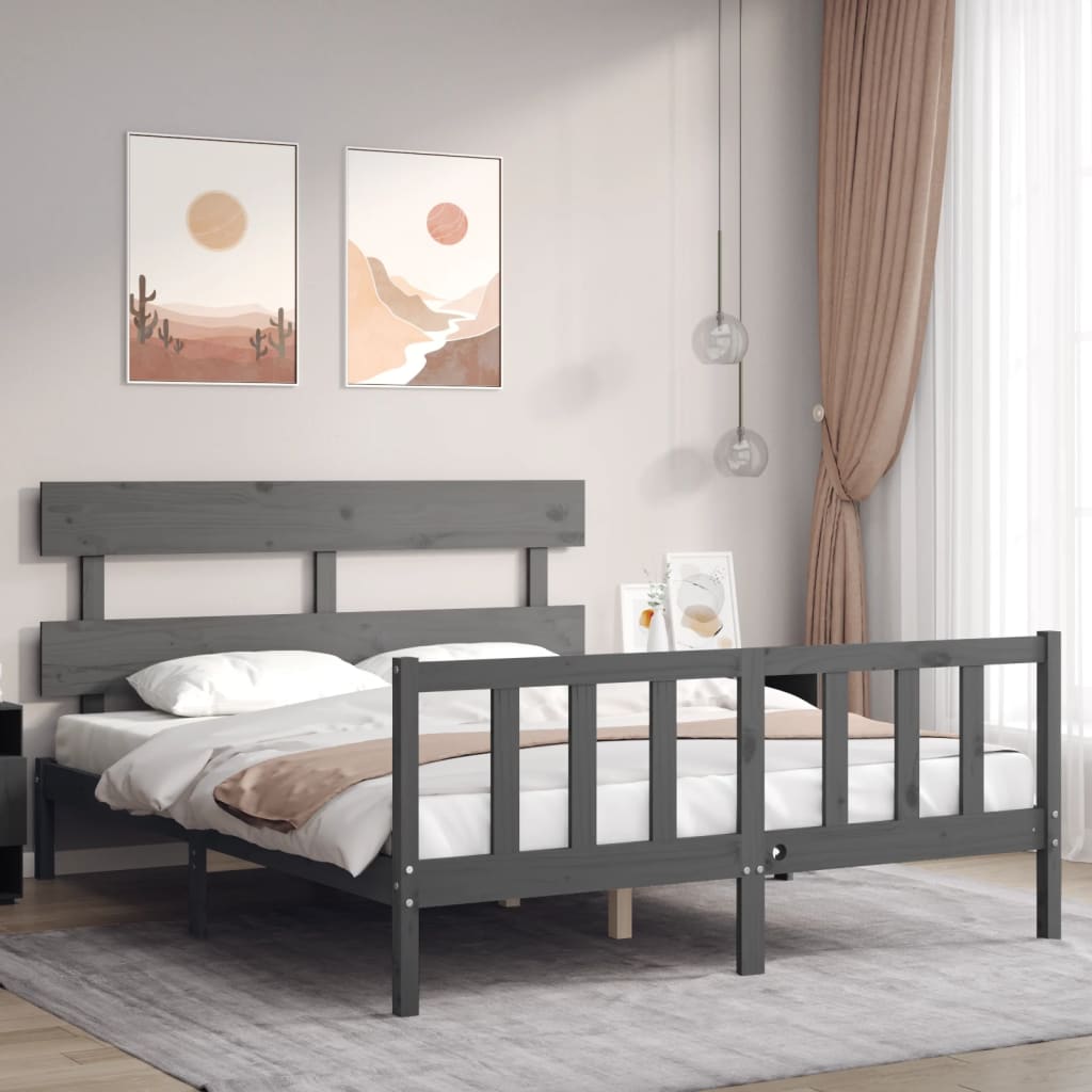 vidaXL Bed Frame with Headboard Grey King Size Solid Wood