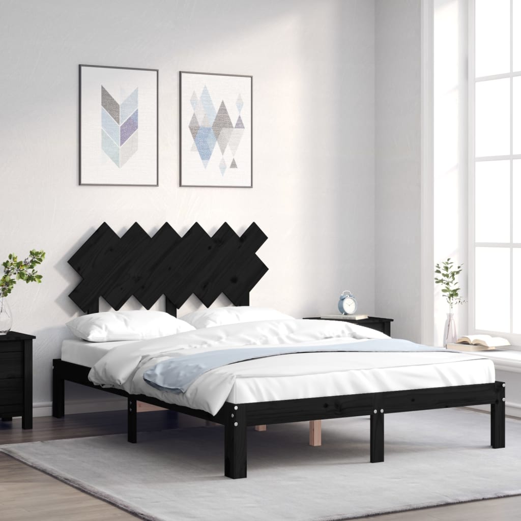 vidaXL Bed Frame with Headboard Black Double Solid Wood