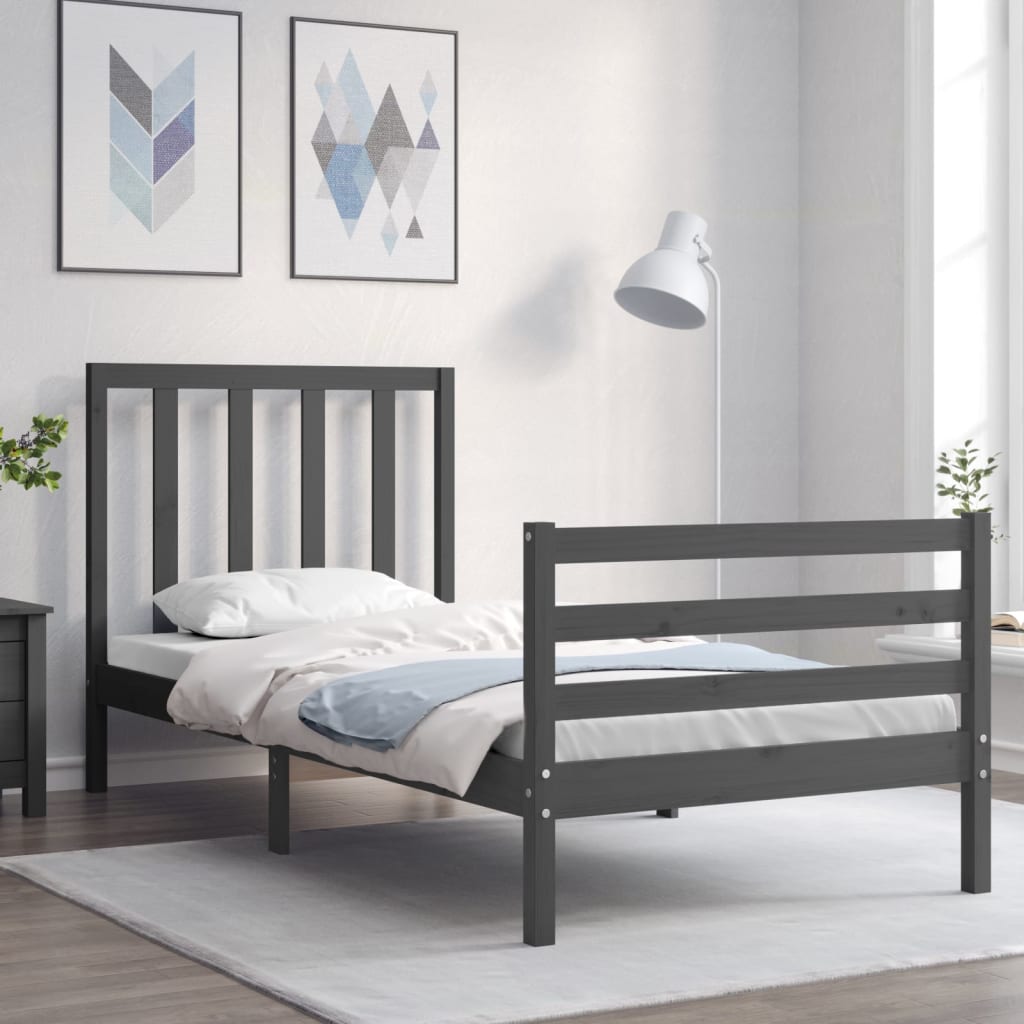 vidaXL Bed Frame with Headboard Grey 100x200 cm Solid Wood