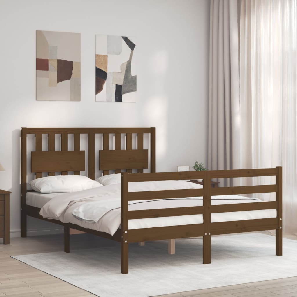 vidaXL Bed Frame with Headboard Honey Brown Small Double Solid Wood