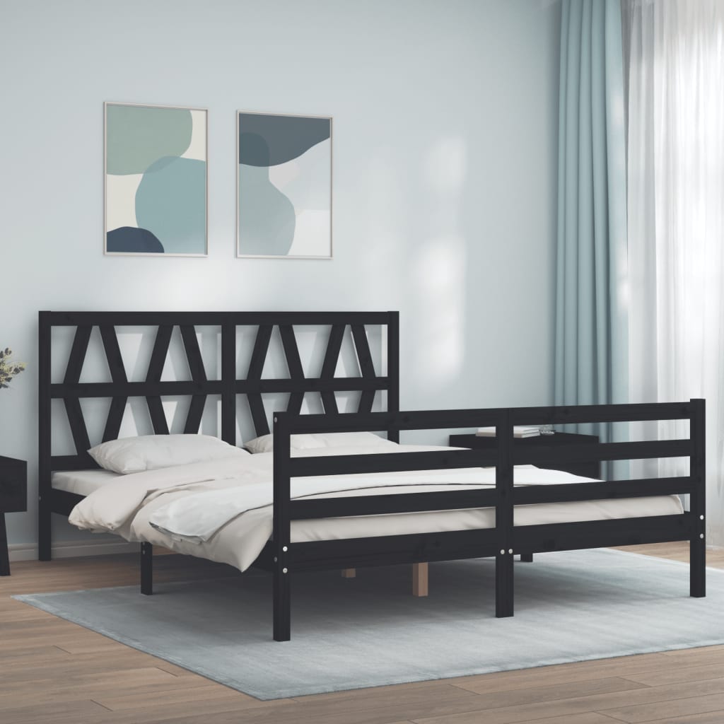 vidaXL Bed Frame with Headboard Black King Size Solid Wood