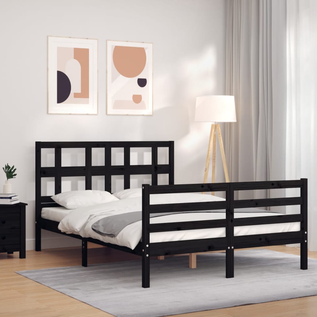 vidaXL Bed Frame with Headboard Black Small Double Solid Wood