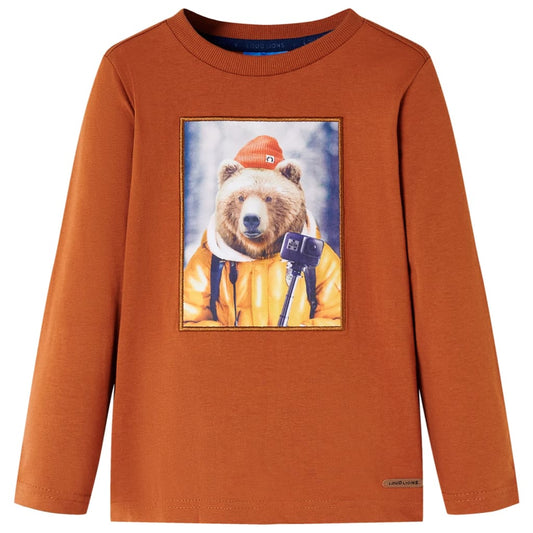 Kids' T-shirt with Long Sleeves Bear Print Burnt Orange 128