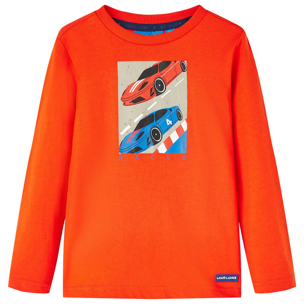 Kids' T-shirt with Long Sleeves Racing Car Print Bright Orange 128