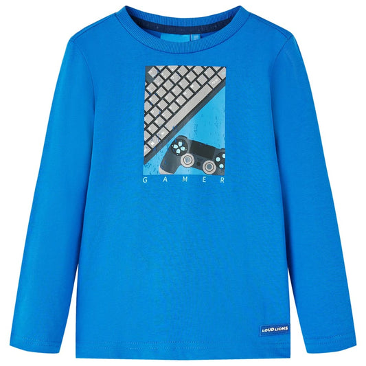 Kids' T-shirt with Long Sleeves Gamepad and Keyboard Print Cobalt Blue 128