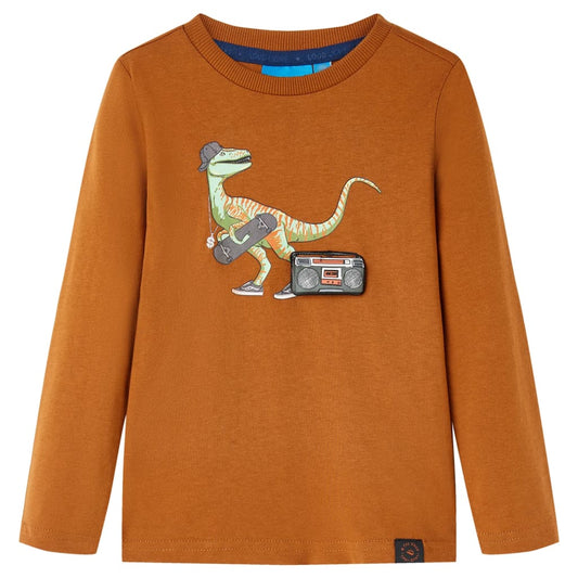 Kids' T-shirt with Long Sleeves Dinosaur Print Cognac 92