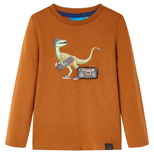 Kids' T-shirt with Long Sleeves Dinosaur Print Cognac 116
