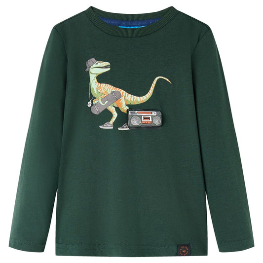 Kids' T-shirt with Long Sleeves Dinosaur Print Dark Green 92