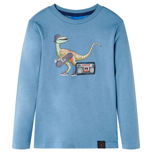Kids' T-shirt with Long Sleeves Dinosaur Print Medium Blue 140