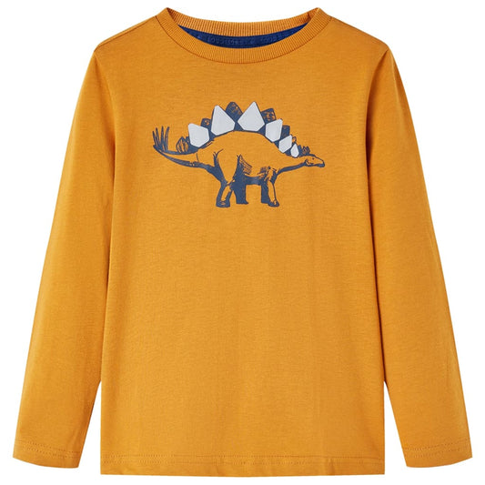Kids' T-shirt with Long Sleeves Dinosaur Print Dark Ochre 140