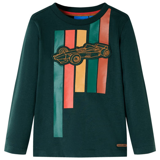 Kids' T-shirt with Long Sleeves Racing Car Print Dark Green 128