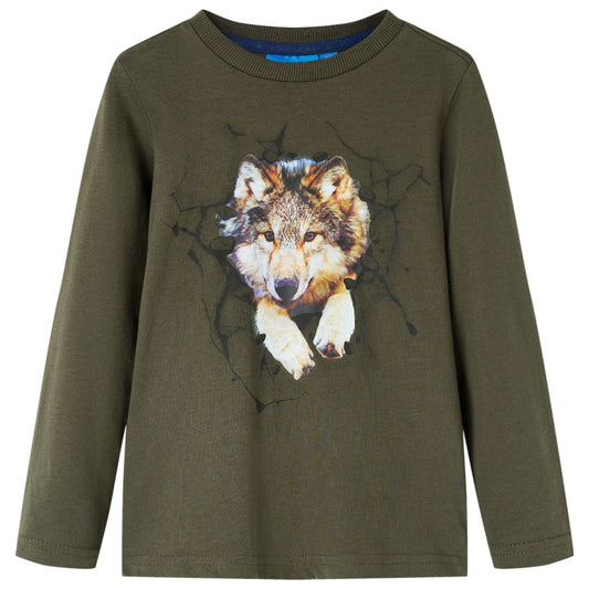 Kids' T-shirt with Long Sleeves Wolf Print Khaki 104