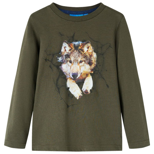 Kids' T-shirt with Long Sleeves Wolf Print Khaki 140
