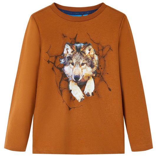 Kids' T-shirt with Long Sleeves Wolf Print Cognac 140
