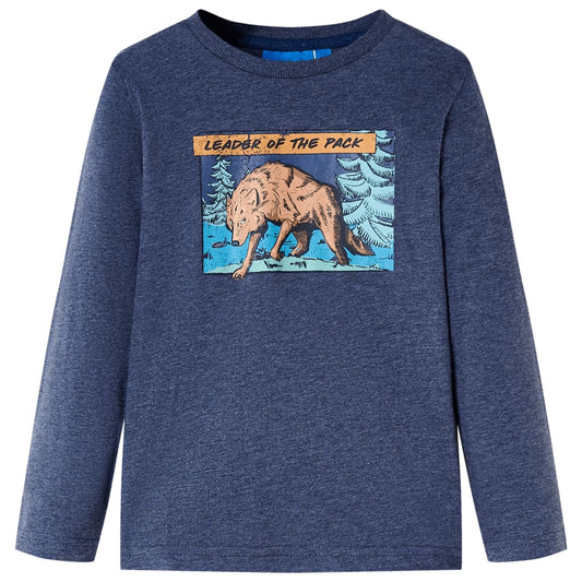 Kids' T-shirt with Long Sleeves Wolf Print Dark Blue Melange 104