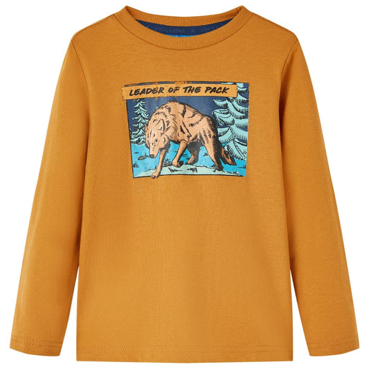 Kids' T-shirt with Long Sleeves Wolf Print Dark Ochre 92