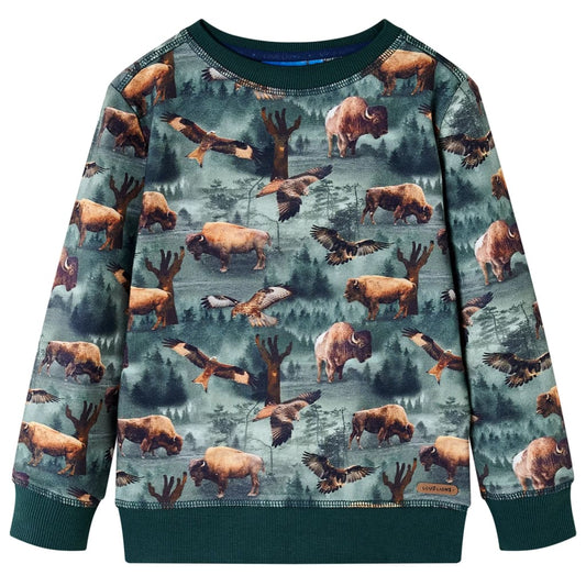 Kids' Sweatshirt with Cattle and Eagle Print Dark Green 128