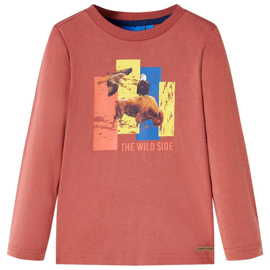 Kids' T-shirt with Long Sleeves Cattle and Bird Print Henna 116